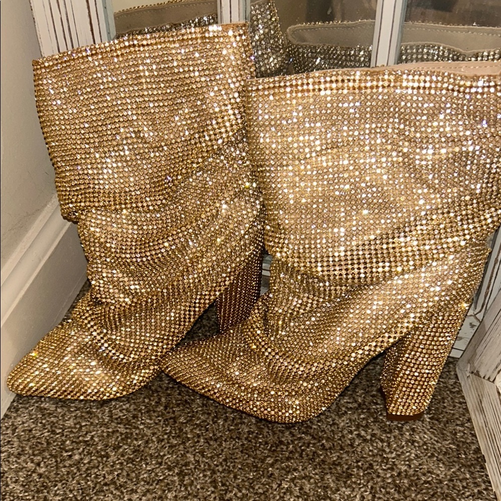 Gold Sequin Heeled Boots with Chunky Heel